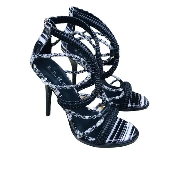 L.A.M.B Zebra Vine Black and White Strappy Leather Heels Sandals Size 8.5 - Picture 8 of 15